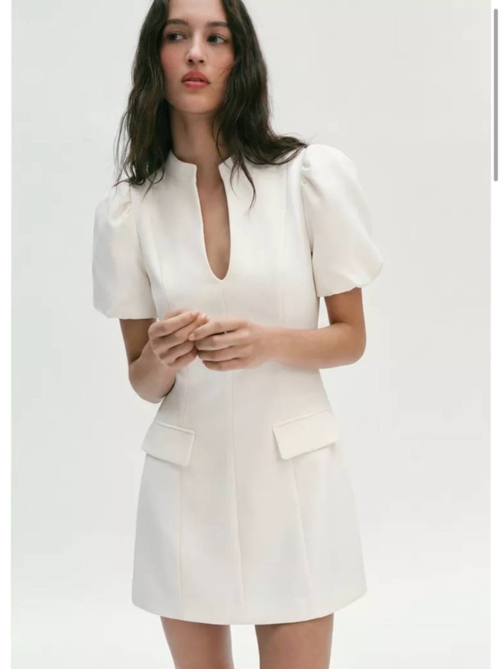 Zara Cream Puff-Sleeve Keyhole Mini Dress - NWT